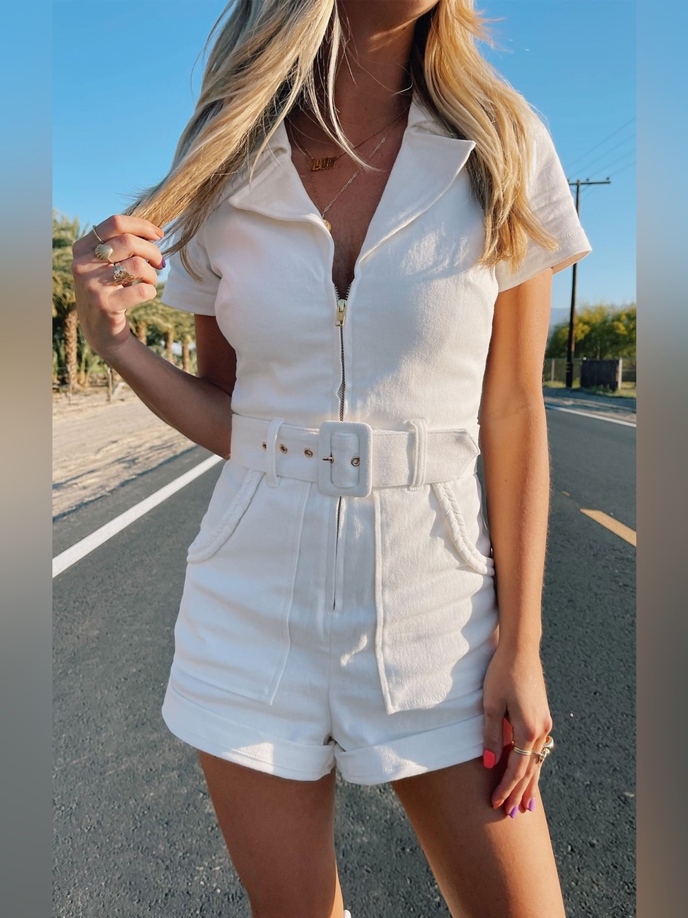 Show Me Your MuMu White Short-Sleeve Belted Romper